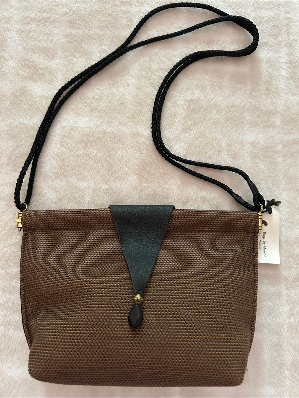 Bags by Monica Brown Woven Crossbody Bag with Black Leather Trim, Small, NWT